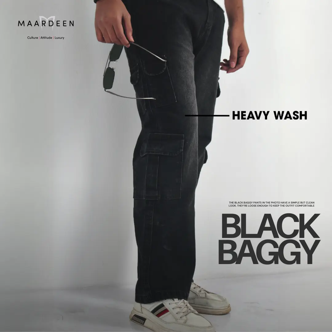 Washed Wide Cargo Baggy Pant Black