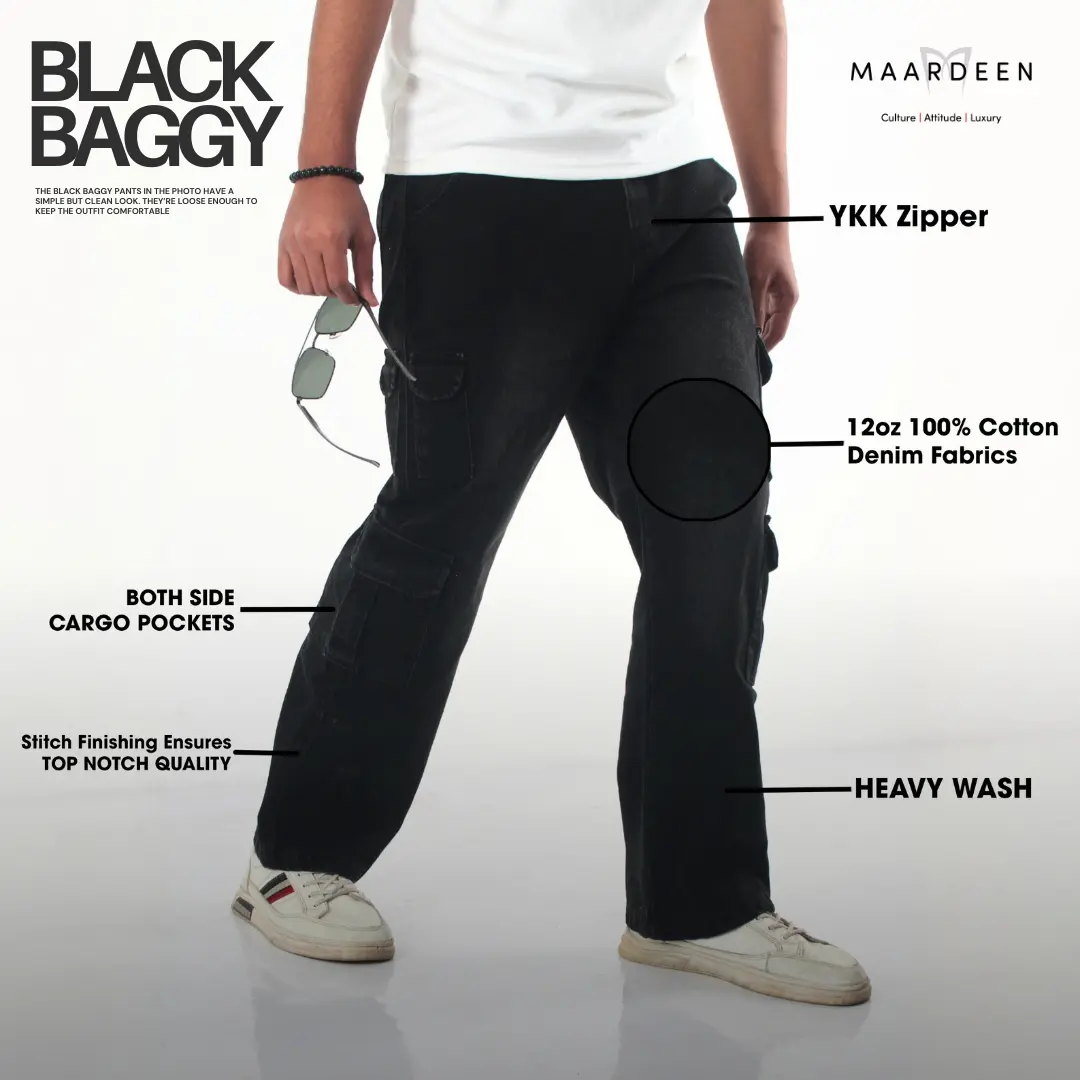 Washed Wide Cargo Baggy Pant Black