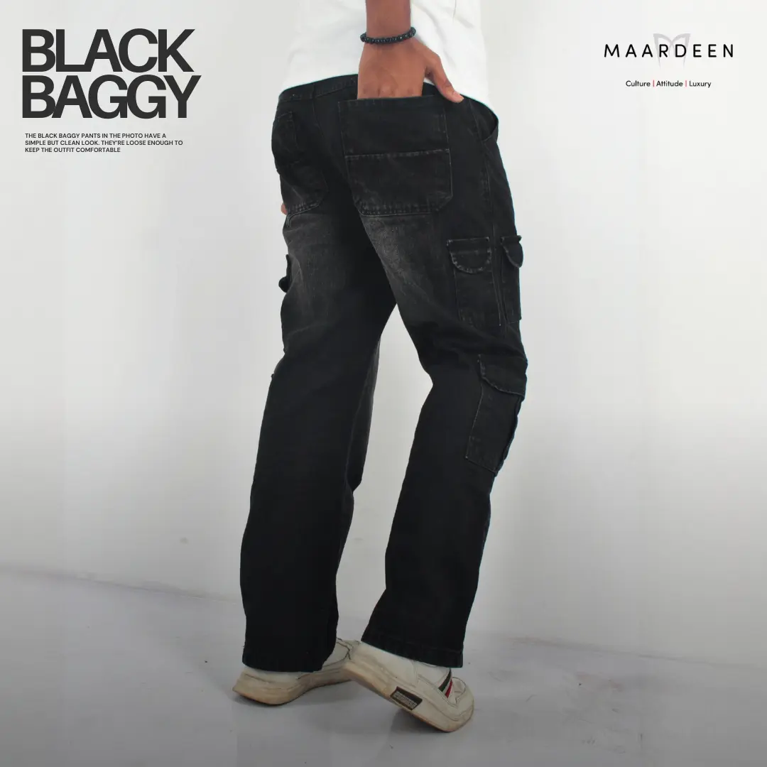 Washed Wide Cargo Baggy Pant Black