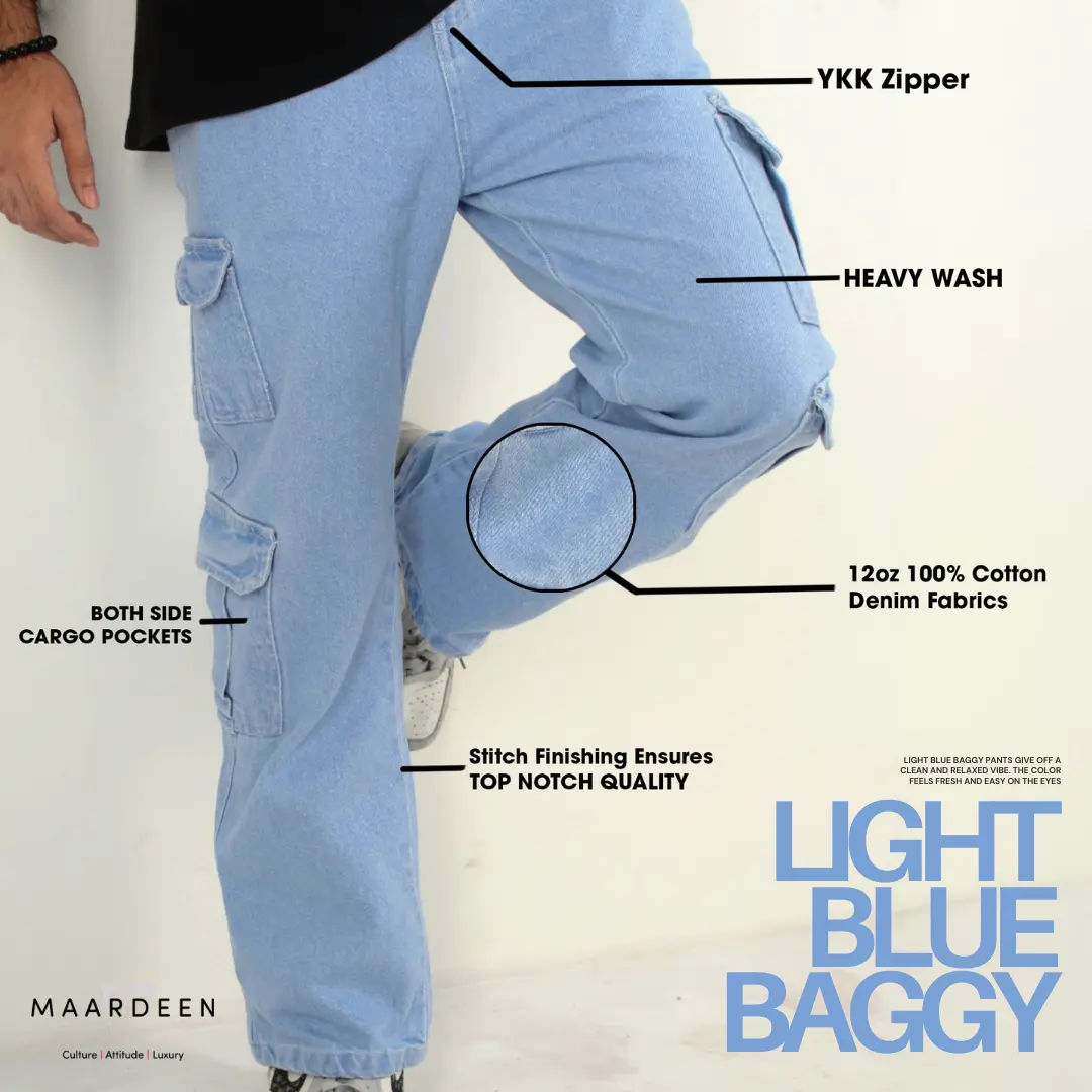 Washed Wide Cargo Baggy Pant Light Blue
